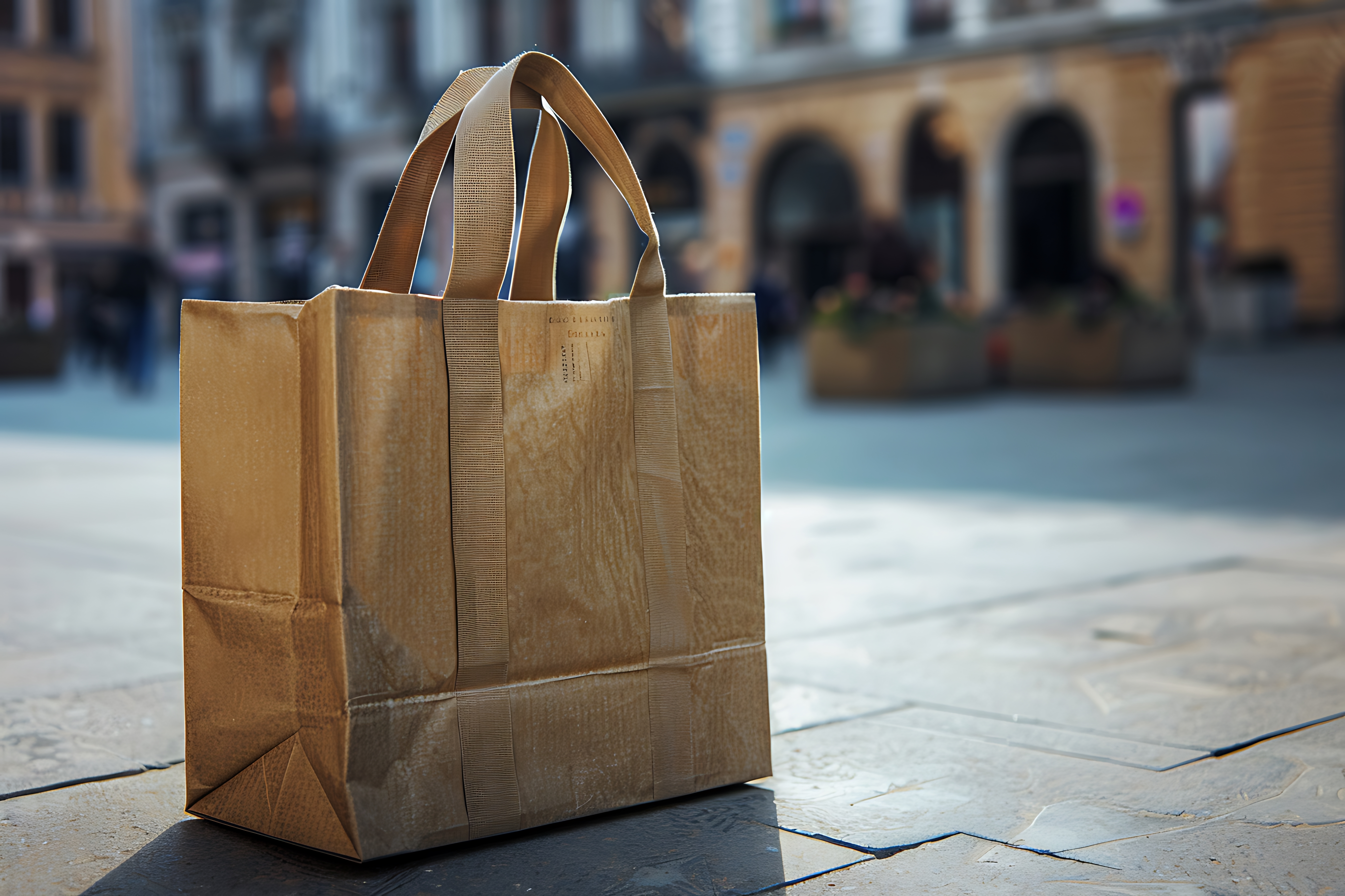 Block-bottom kraft paper bag, flat-packed.